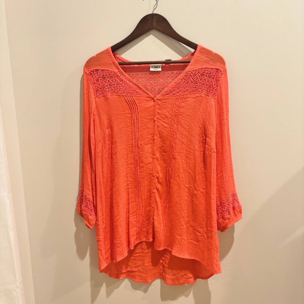 Cato Woman Orange Crochet Lace Pintuck Button Down Blouse Women Plus Size 18/20W